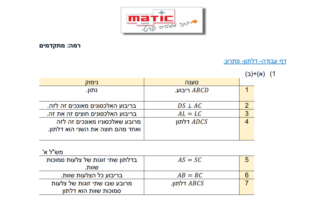 חבילת דפי עבודה בגאומטריה לכיתה ט' - מעוין ודלתון - מטיק מרכזי למידה